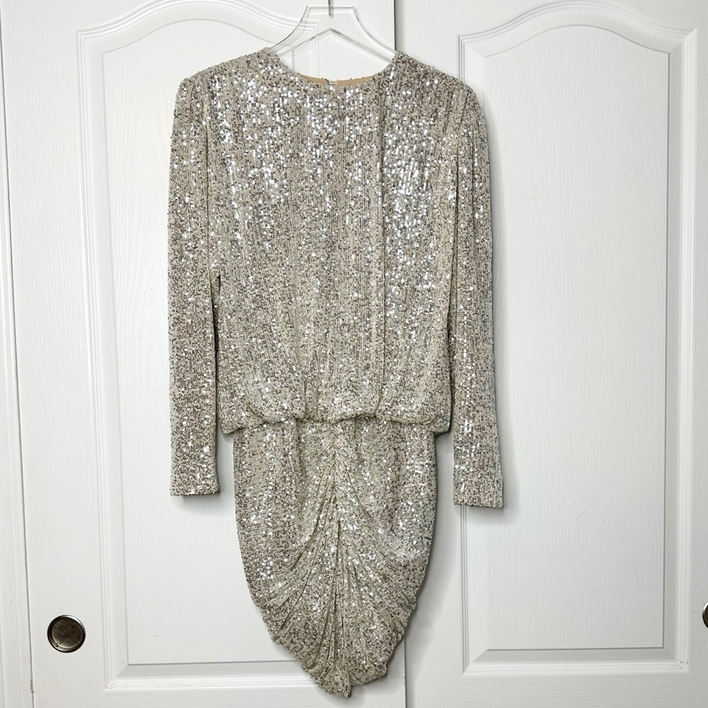 RETROFÉTE Flynn Ruched Sequined Tulle Mini Dress in Champagne Size Medium - Picture 5 of 13